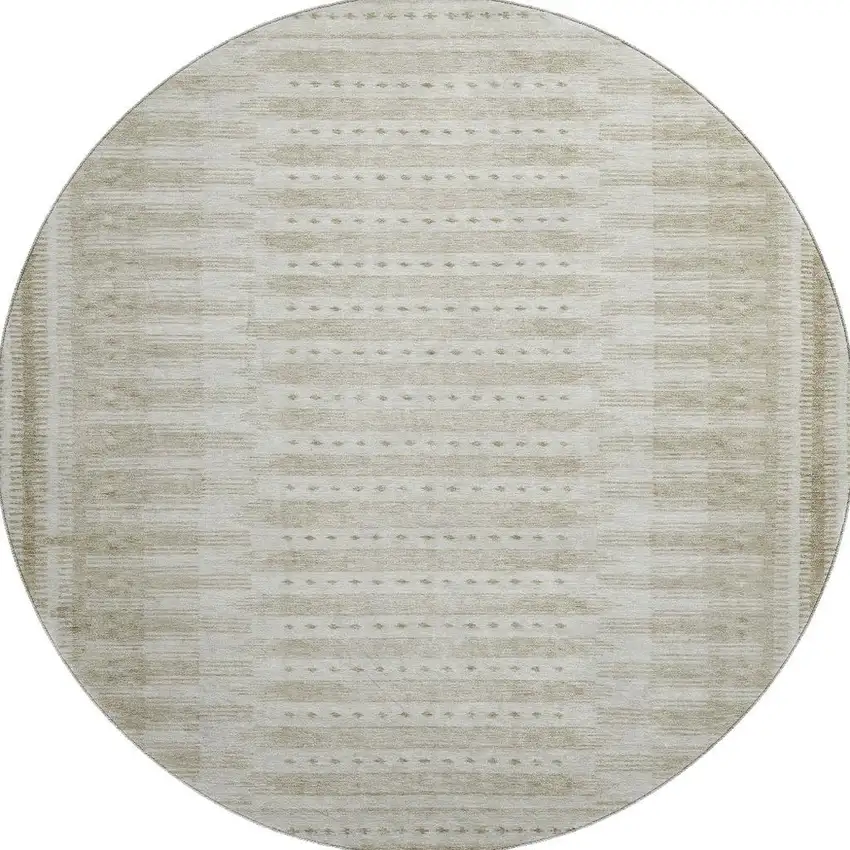 8' Khaki And Beige Geometric Washable Round Rug With UV Protection Photo 4