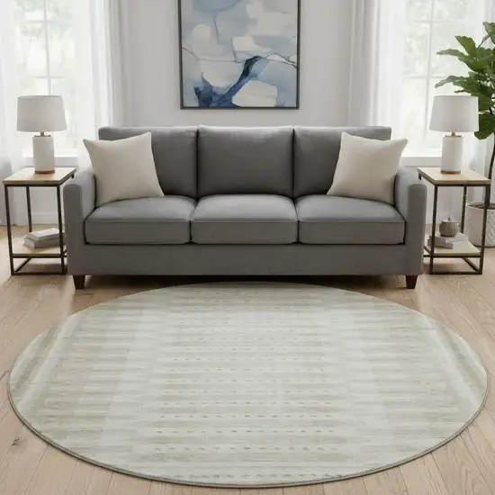 8' Khaki And Beige Geometric Washable Round Rug With UV Protection Photo 2