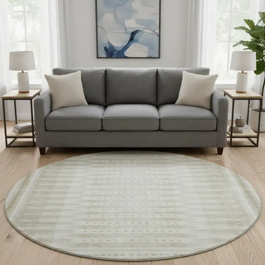 8' Khaki And Beige Geometric Washable Round Rug With UV Protection Photo 2