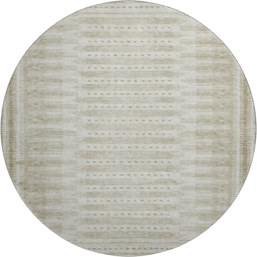 8' Khaki And Beige Geometric Washable Round Rug With UV Protection Photo 1