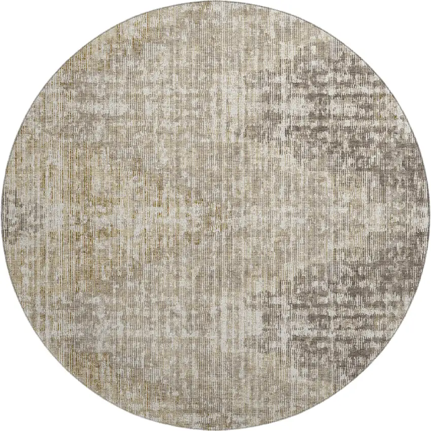 8' Khaki And Beige Geometric Washable Round Rug With UV Protection Photo 1