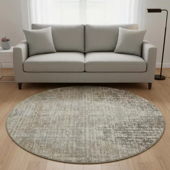 8' Khaki And Beige Geometric Washable Round Rug With UV Protection Photo 2