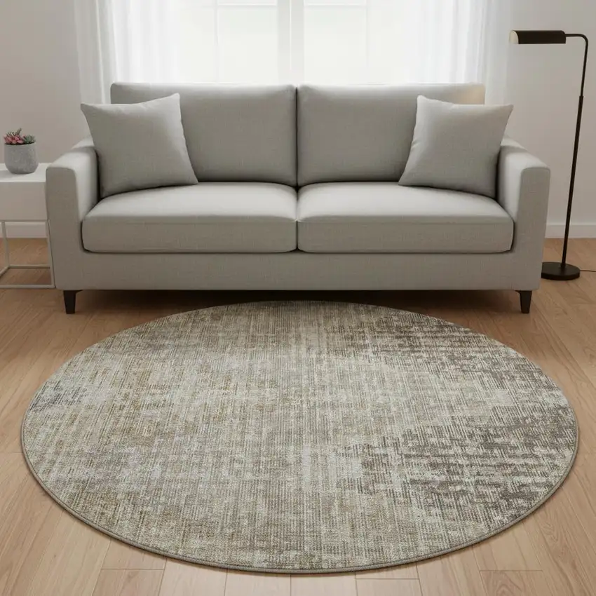 8' Khaki And Beige Geometric Washable Round Rug With UV Protection Photo 2