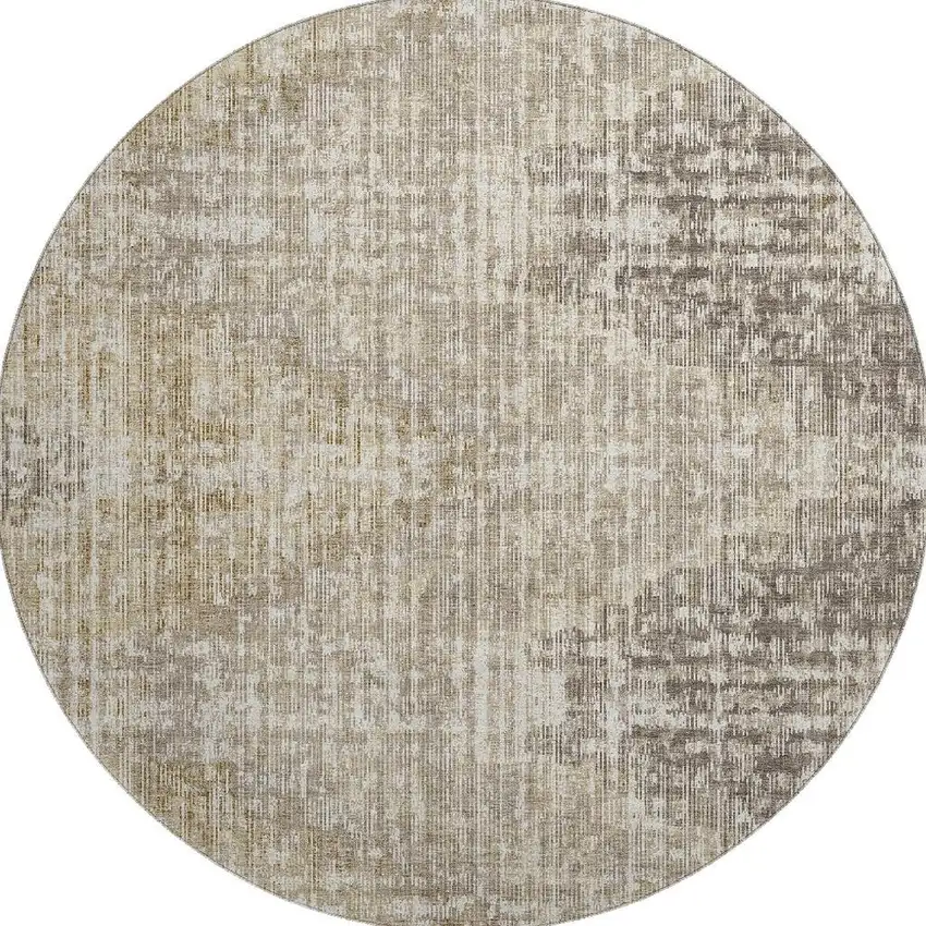 8' Khaki And Beige Geometric Washable Round Rug With UV Protection Photo 4