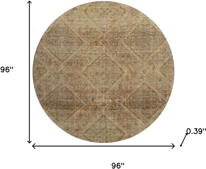 8' Khaki And Beige Geometric Washable Round Rug With UV Protection Photo 8