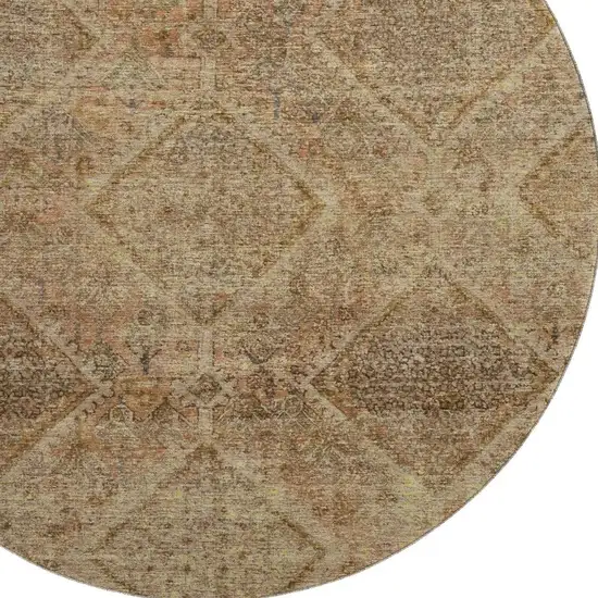 8' Khaki And Beige Geometric Washable Round Rug With UV Protection Photo 3