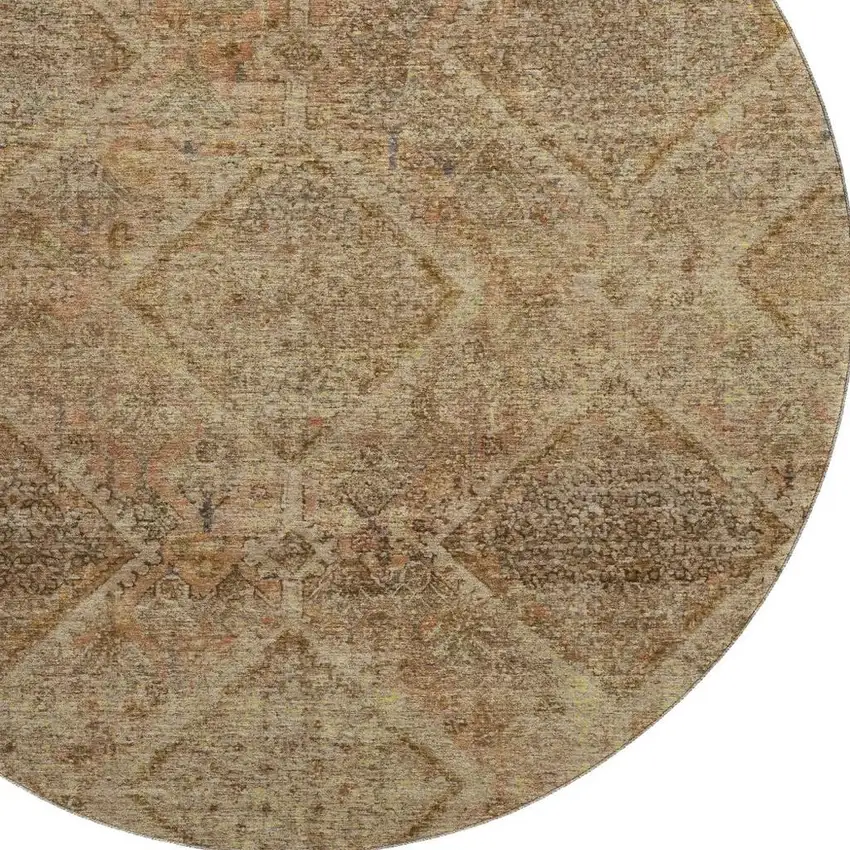 8' Khaki And Beige Geometric Washable Round Rug With UV Protection Photo 3
