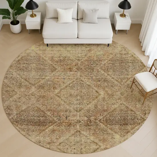 8' Khaki And Beige Geometric Washable Round Rug With UV Protection Photo 5