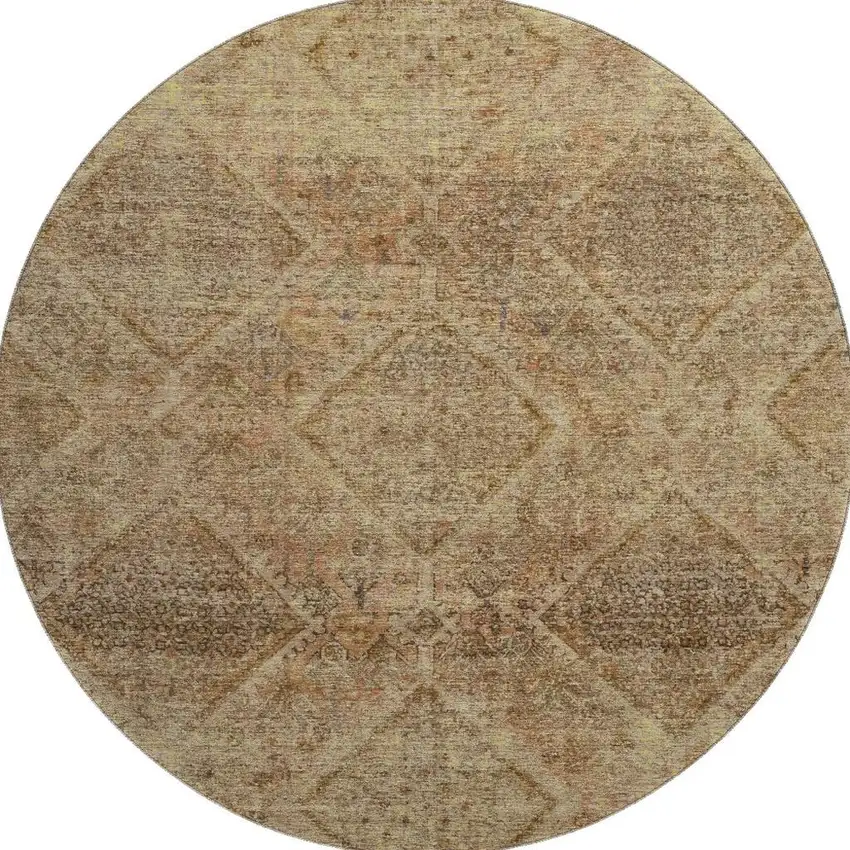 8' Khaki And Beige Geometric Washable Round Rug With UV Protection Photo 4