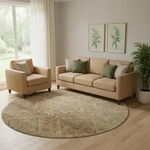 Photo of 8' Khaki And Beige Geometric Washable Round Rug With UV Protection