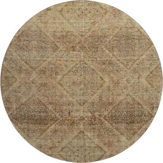 8' Khaki And Beige Geometric Washable Round Rug With UV Protection Photo 1