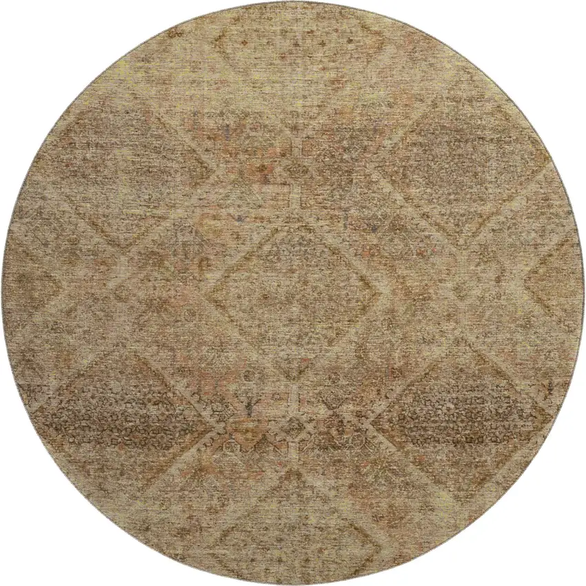 8' Khaki And Beige Geometric Washable Round Rug With UV Protection Photo 1