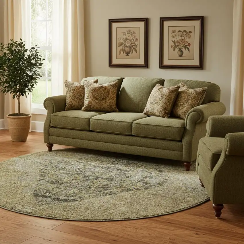 8' Khaki And Beige Medallion Washable Round Rug With UV Protection Photo 2