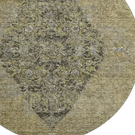 8' Khaki And Beige Medallion Washable Round Rug With UV Protection Photo 3
