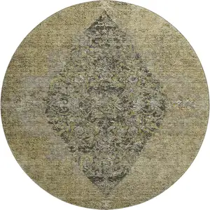 Photo of 8' Khaki And Beige Medallion Washable Round Rug With UV Protection