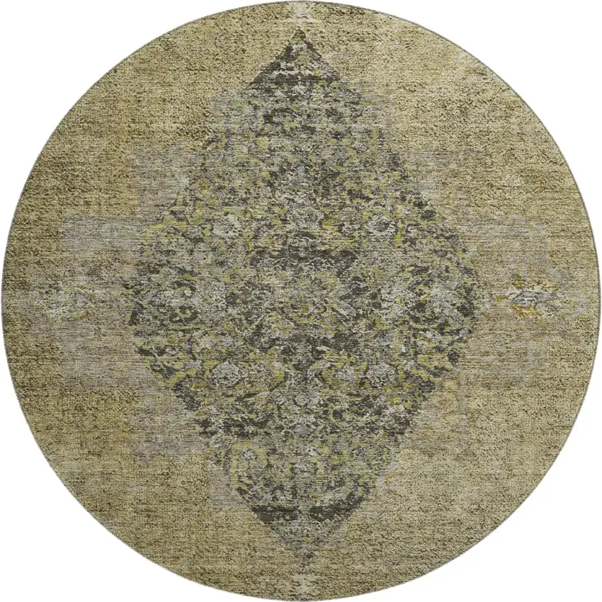 8' Khaki And Beige Medallion Washable Round Rug With UV Protection Photo 1