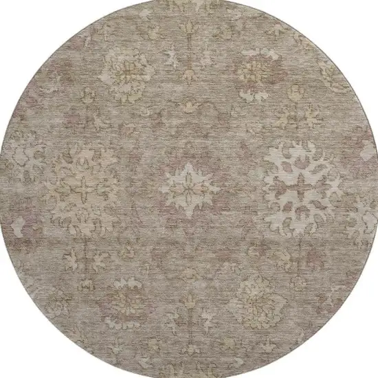 8' Khaki And Beige Oriental Washable Round Rug With UV Protection Photo 4