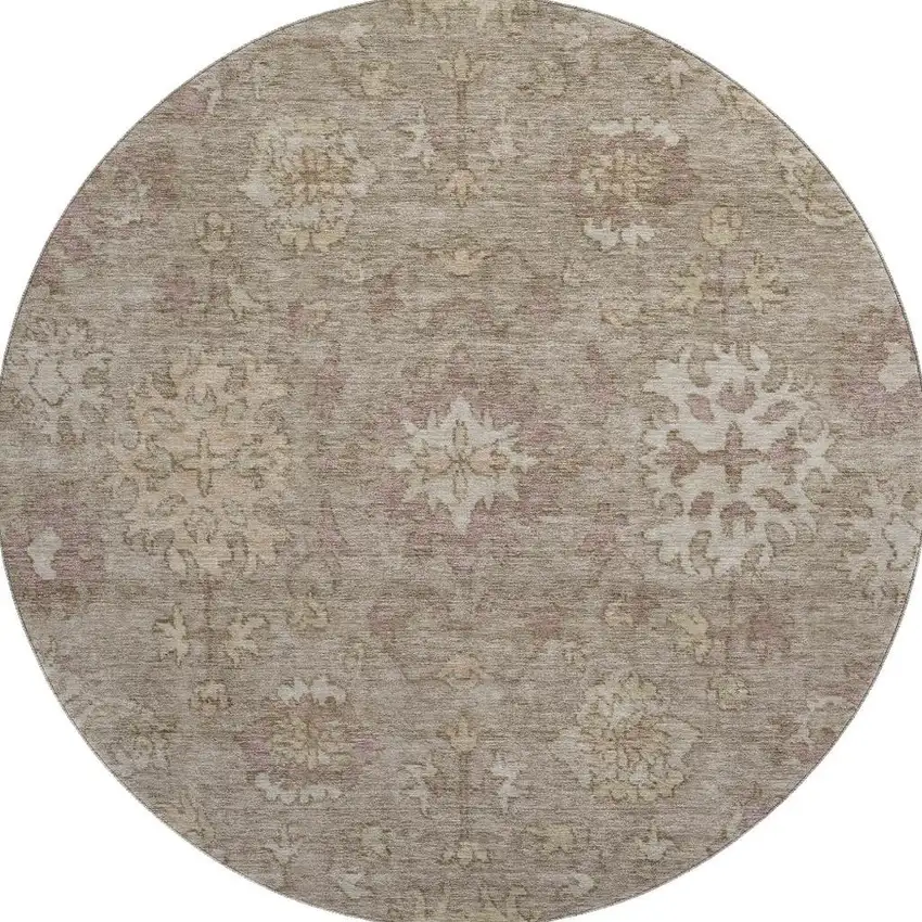 8' Khaki And Beige Oriental Washable Round Rug With UV Protection Photo 4