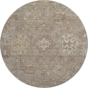 Photo of 8' Khaki And Beige Oriental Washable Round Rug With UV Protection