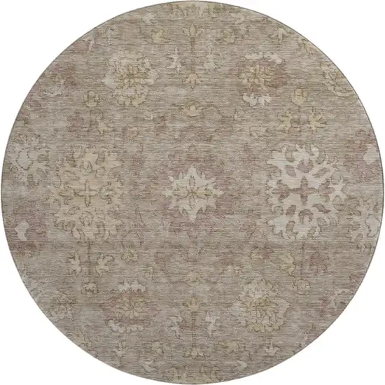 8' Khaki And Beige Oriental Washable Round Rug With UV Protection Photo 1