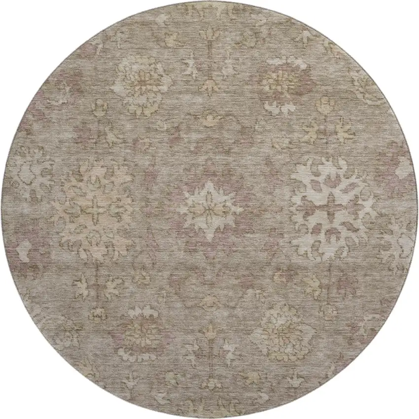 8' Khaki And Beige Oriental Washable Round Rug With UV Protection Photo 1