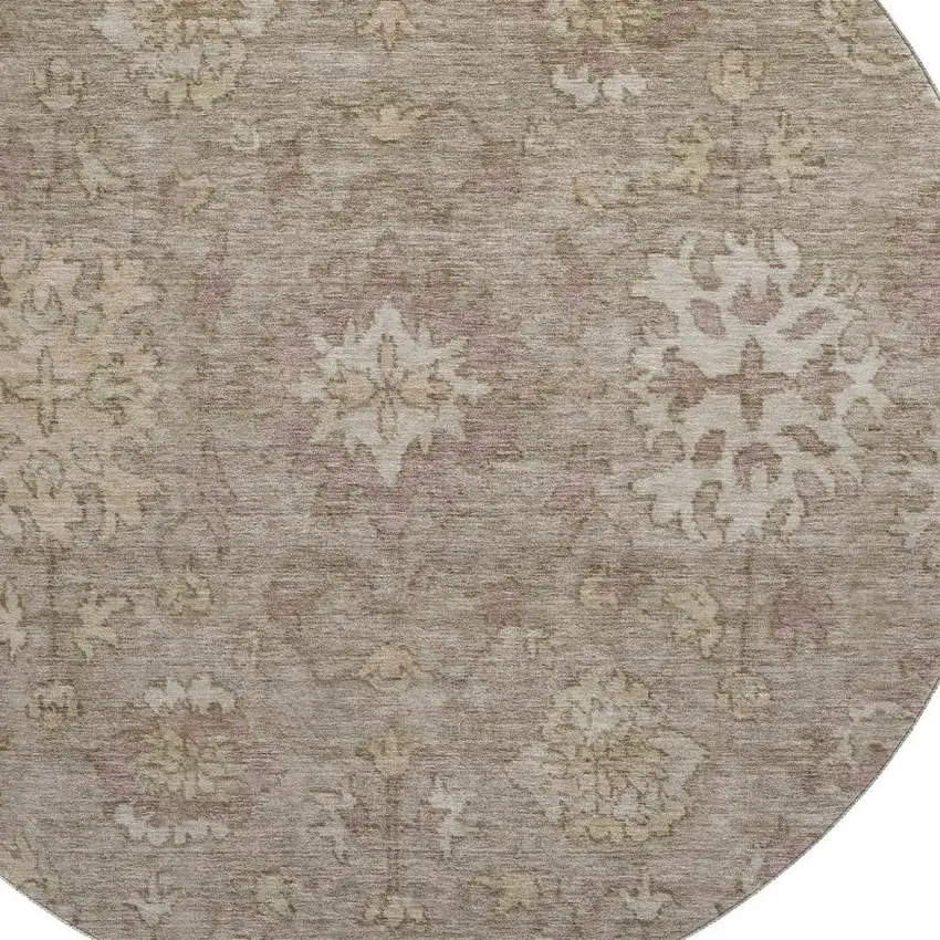 8' Khaki And Beige Oriental Washable Round Rug With UV Protection Photo 3