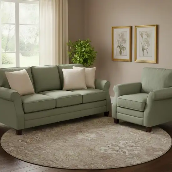 8' Khaki And Beige Oriental Washable Round Rug With UV Protection Photo 2