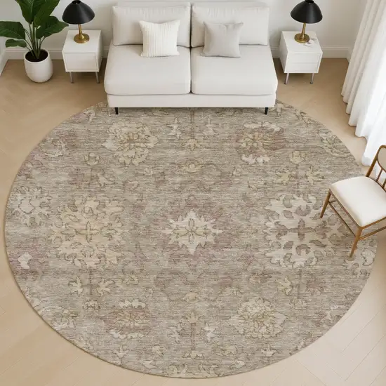 8' Khaki And Beige Oriental Washable Round Rug With UV Protection Photo 5