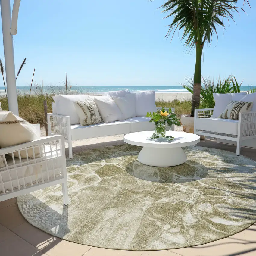 8' Khaki And Beige Round Abstract Washable Indoor Outdoor Area Rug Photo 5