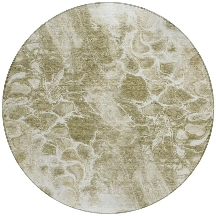 8' Khaki And Beige Round Abstract Washable Indoor Outdoor Area Rug Photo 3