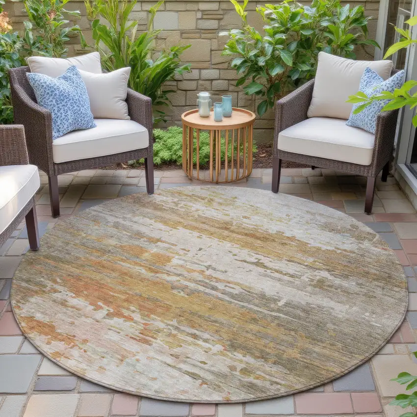 8' Khaki And Beige Round Abstract Washable Indoor Outdoor Area Rug Photo 6