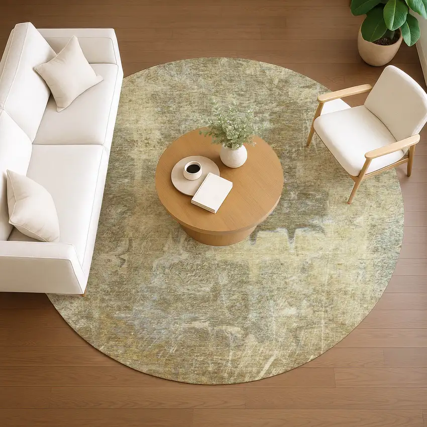 8' Khaki And Beige Round Abstract Washable Indoor Outdoor Area Rug Photo 9