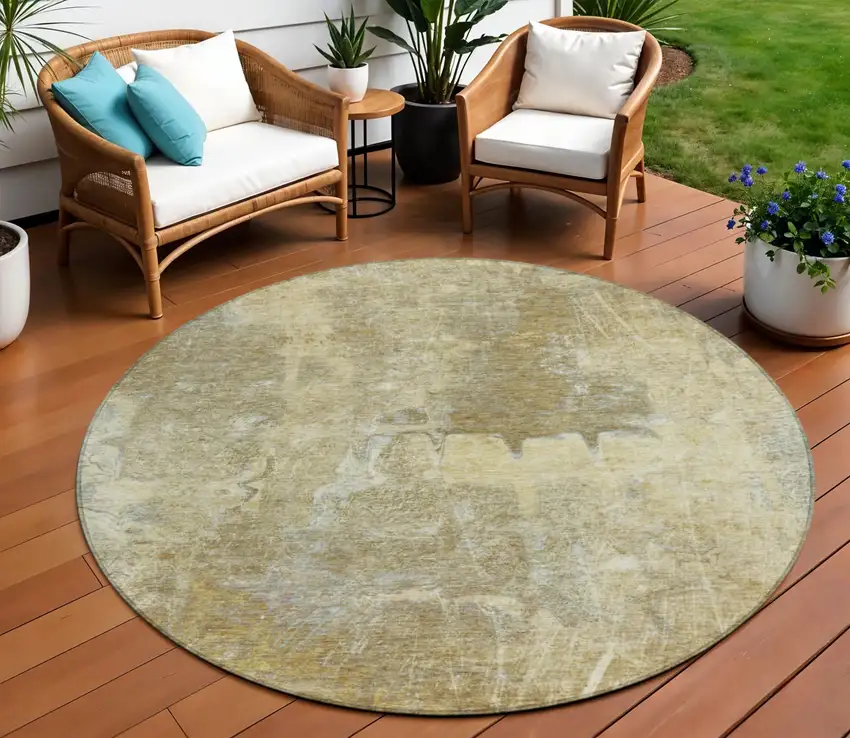 8' Khaki And Beige Round Abstract Washable Indoor Outdoor Area Rug Photo 1