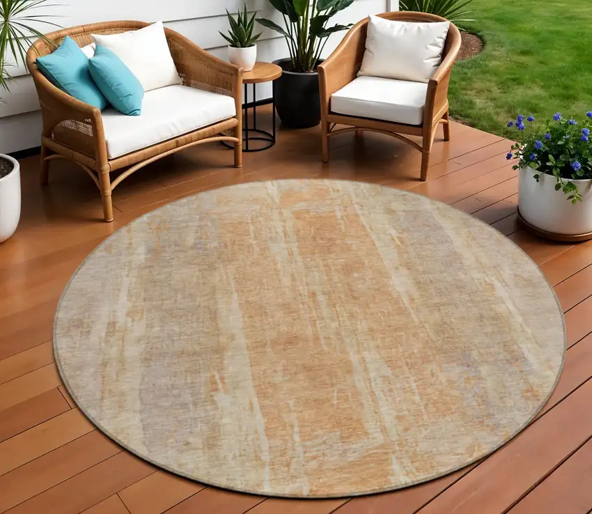 8' Khaki And Beige Round Abstract Washable Indoor Outdoor Area Rug Photo 1