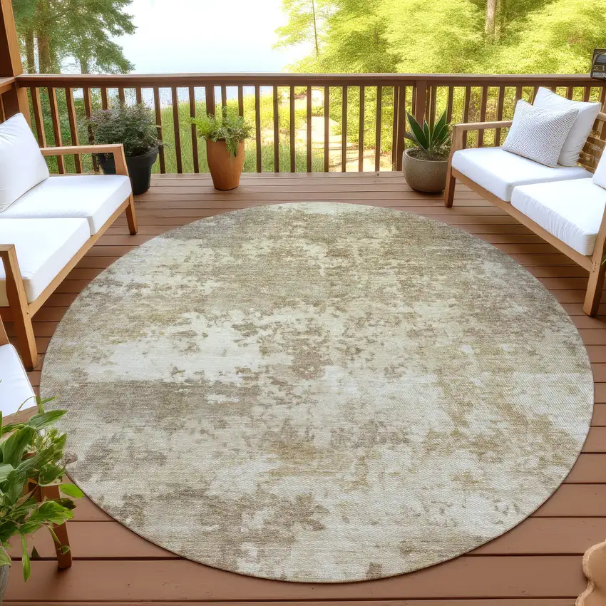 8' Khaki And Beige Round Abstract Washable Indoor Outdoor Area Rug Photo 4