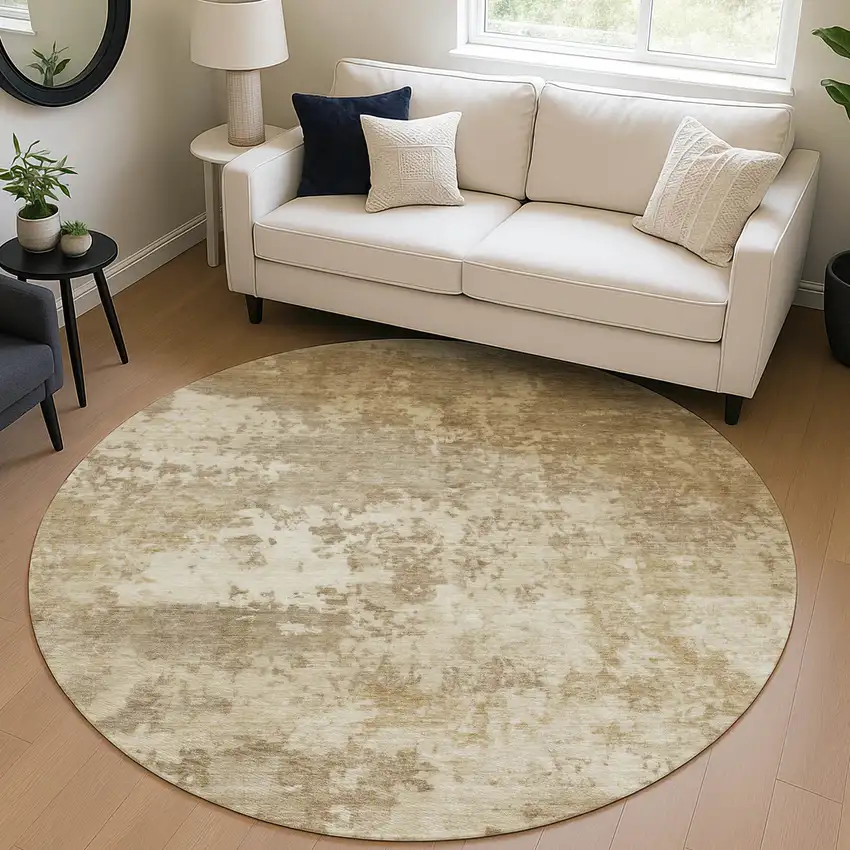 8' Khaki And Beige Round Abstract Washable Indoor Outdoor Area Rug Photo 5