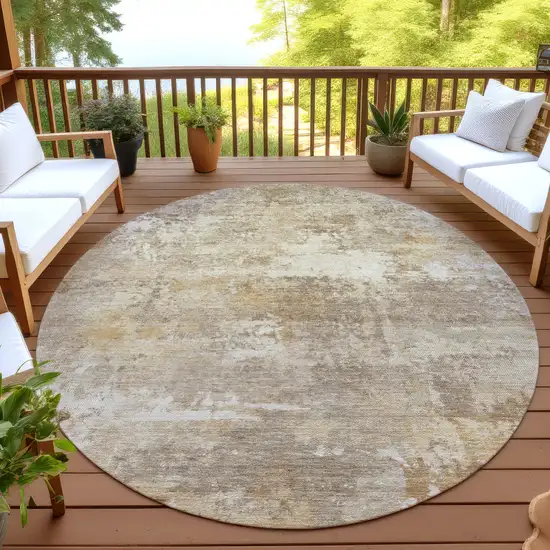 8' Khaki And Beige Round Abstract Washable Indoor Outdoor Area Rug Photo 4