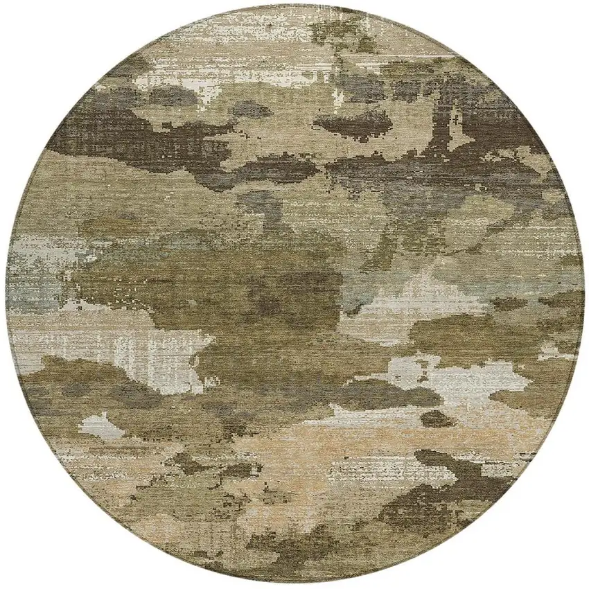 8' Khaki And Beige Round Abstract Washable Indoor Outdoor Area Rug Photo 2