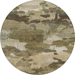 Photo of 8' Khaki And Beige Round Abstract Washable Indoor Outdoor Area Rug