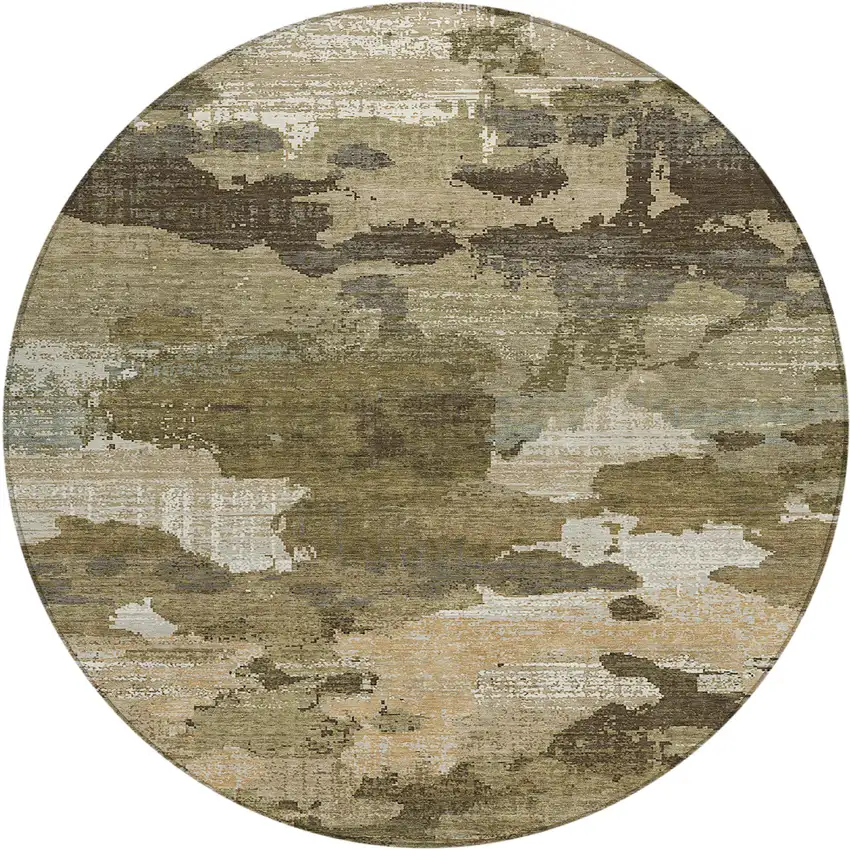 8' Khaki And Beige Round Abstract Washable Indoor Outdoor Area Rug Photo 1