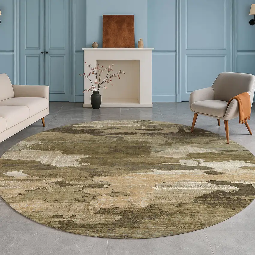 8' Khaki And Beige Round Abstract Washable Indoor Outdoor Area Rug Photo 5