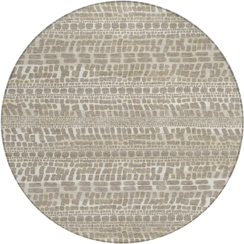 8' Khaki And Beige Round Abstract Washable Indoor Outdoor Area Rug Photo 1