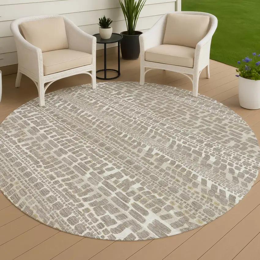 8' Khaki And Beige Round Abstract Washable Indoor Outdoor Area Rug Photo 4