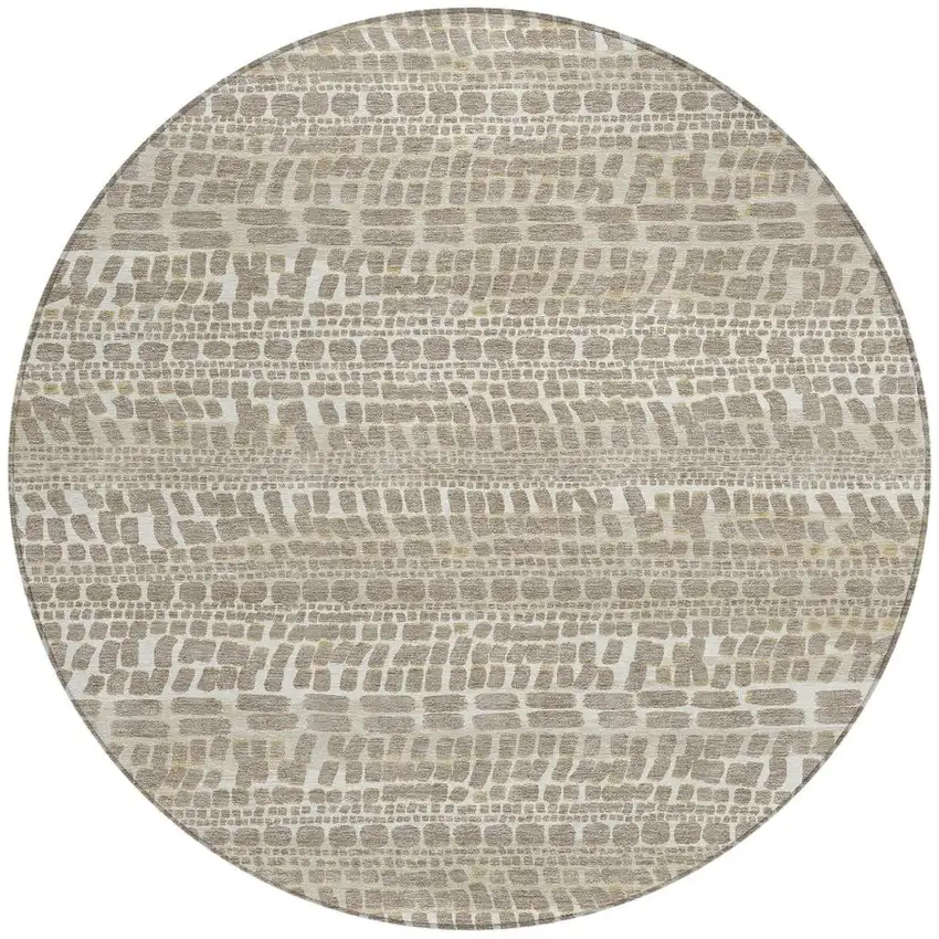 8' Khaki And Beige Round Abstract Washable Indoor Outdoor Area Rug Photo 3