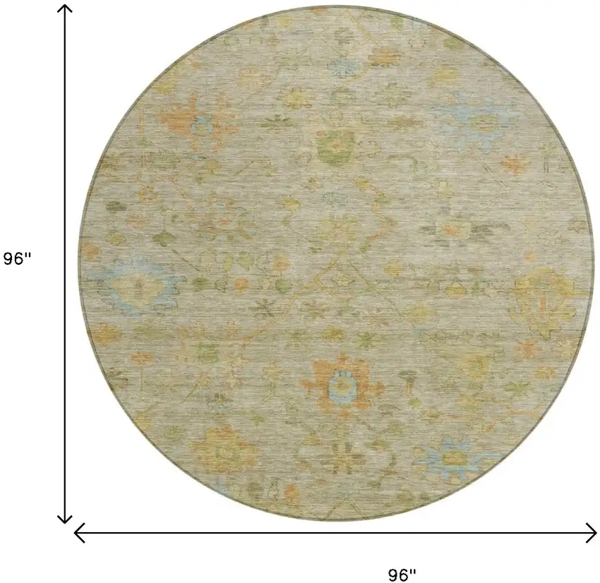 8' Khaki And Beige Round Floral Washable Indoor Outdoor Area Rug Photo 8