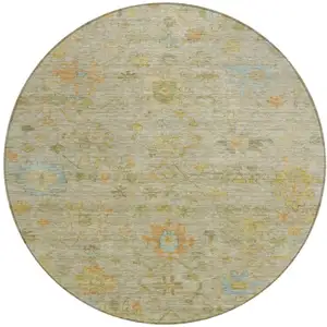 Photo of 8' Khaki And Beige Round Floral Washable Indoor Outdoor Area Rug