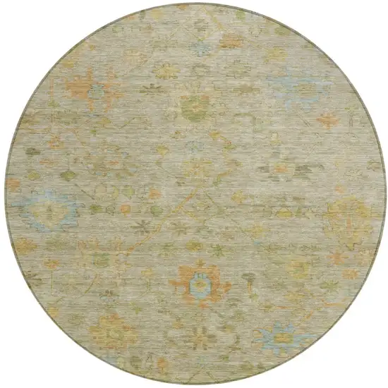 8' Khaki And Beige Round Floral Washable Indoor Outdoor Area Rug Photo 1