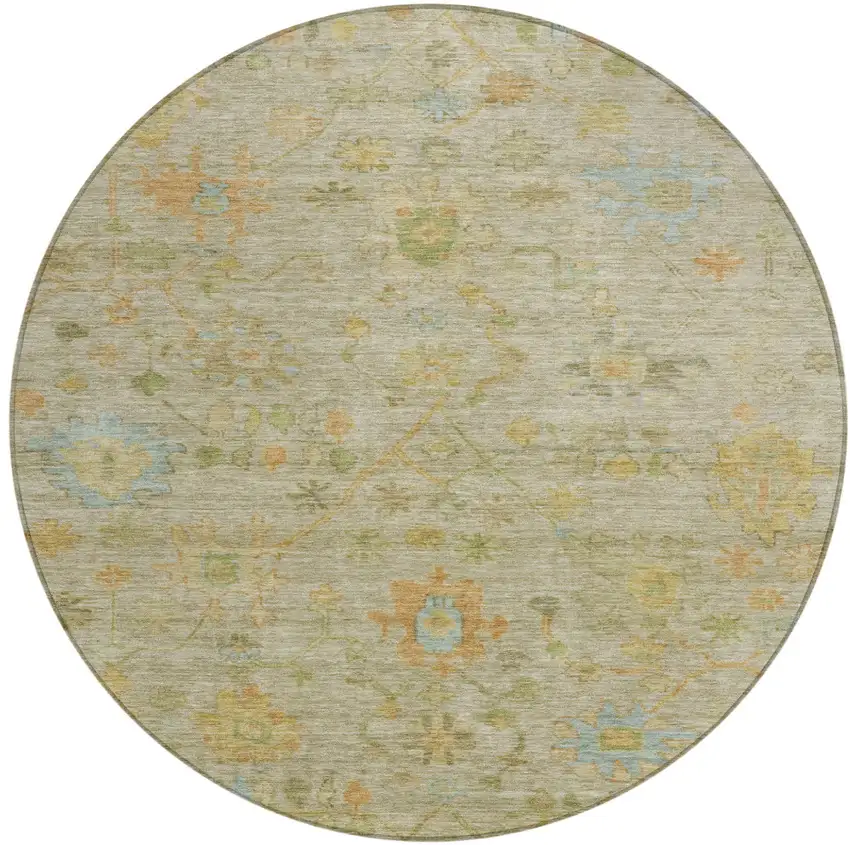 8' Khaki And Beige Round Floral Washable Indoor Outdoor Area Rug Photo 1