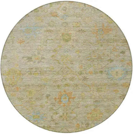 8' Khaki And Beige Round Floral Washable Indoor Outdoor Area Rug Photo 4