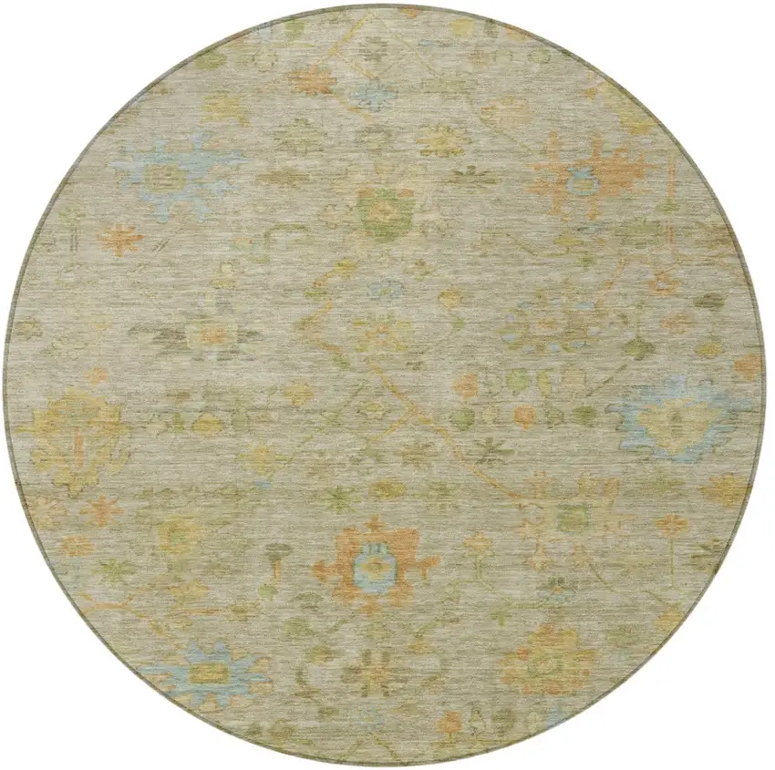 8' Khaki And Beige Round Floral Washable Indoor Outdoor Area Rug Photo 4
